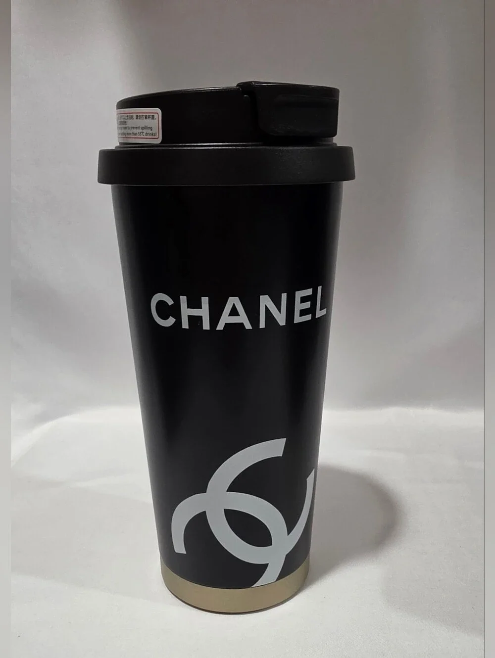 CHANEL Black Quilted Leather Cup Holder Crossbody Tumbler Hot/Cold Gold Chain